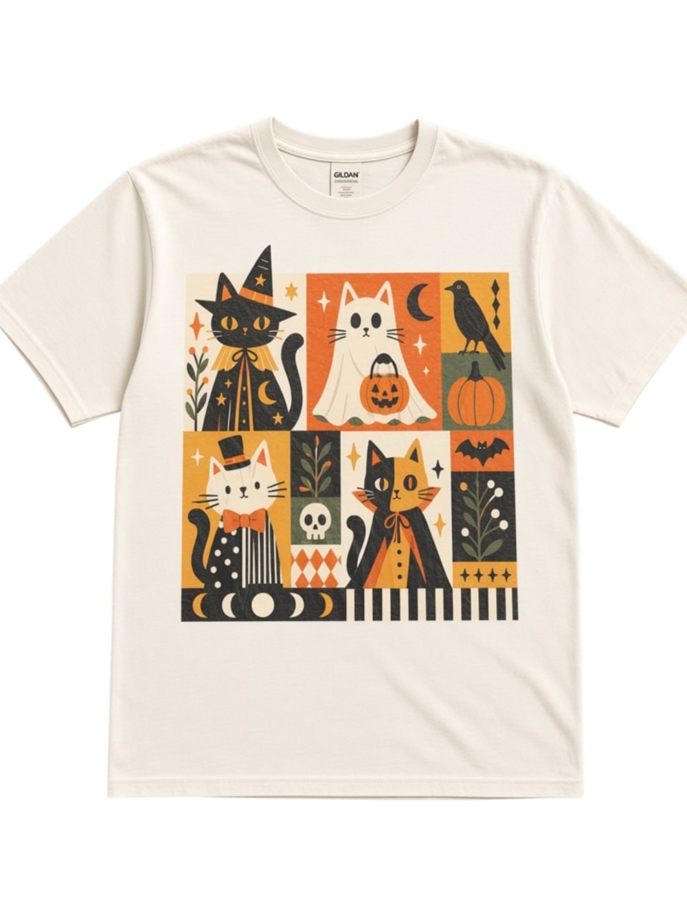 Gildan Cream Halloween Cats Grid Witch Ghost Vampire Graphic Tee